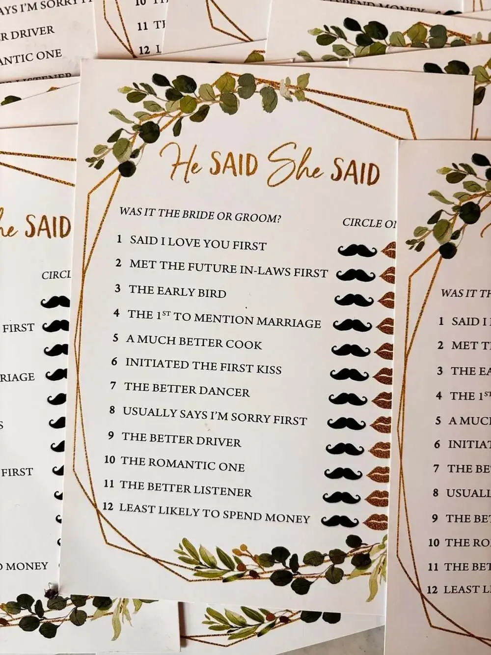 He Said She Said Bridal Shower Game Cards with Greenery and Gold Geometric Desig
